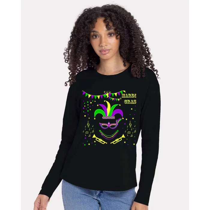 Mardi Gras Emoji Smiley Beads Mask New Orleans Womens Cotton Relaxed Long Sleeve T-Shirt