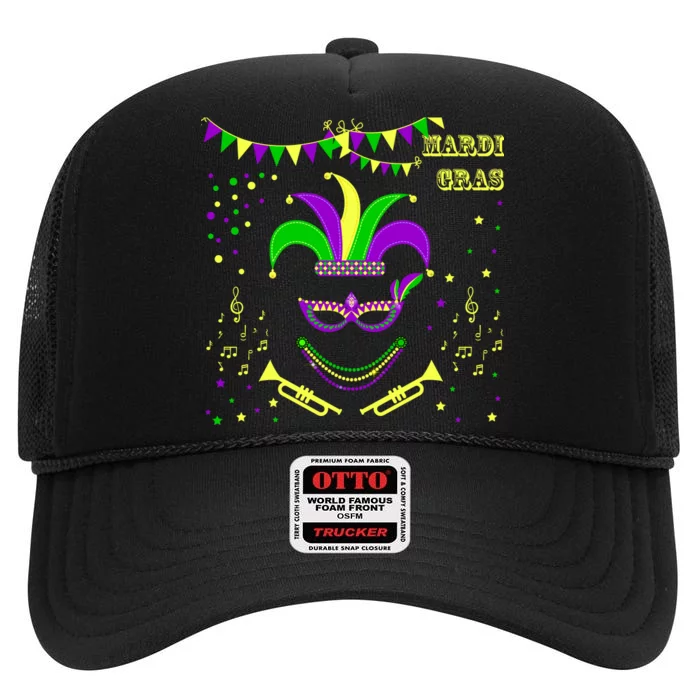 Mardi Gras Emoji Smiley Beads Mask New Orleans High Crown Mesh Trucker Hat