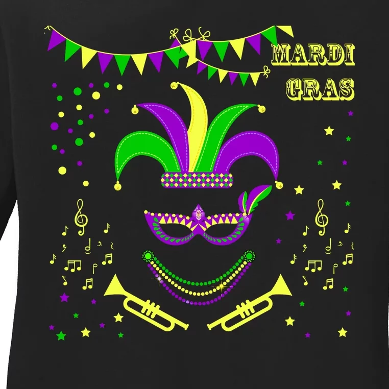 Mardi Gras Emoji Smiley Beads Mask New Orleans Ladies Long Sleeve Shirt