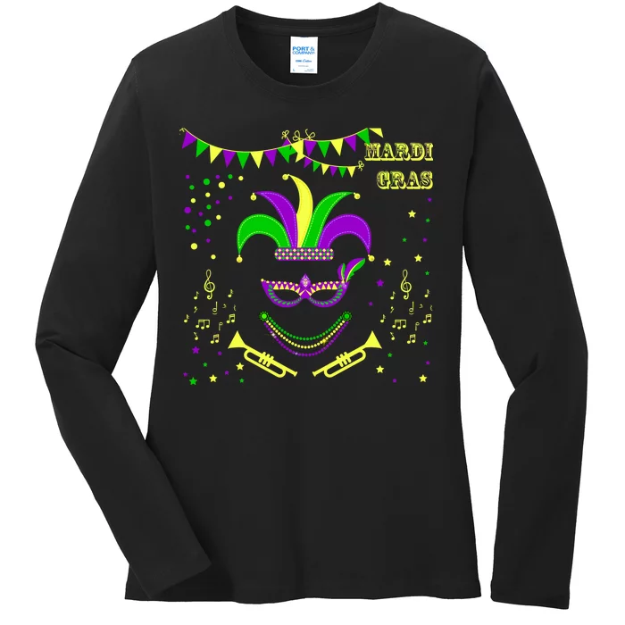 Mardi Gras Emoji Smiley Beads Mask New Orleans Ladies Long Sleeve Shirt