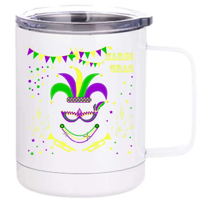 Mardi Gras Emoji Smiley Beads Mask New Orleans Front & Back 12oz Stainless Steel Tumbler Cup