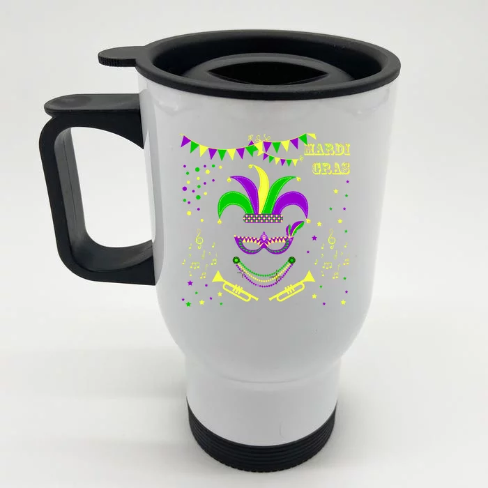 Mardi Gras Emoji Smiley Beads Mask New Orleans Front & Back Stainless Steel Travel Mug