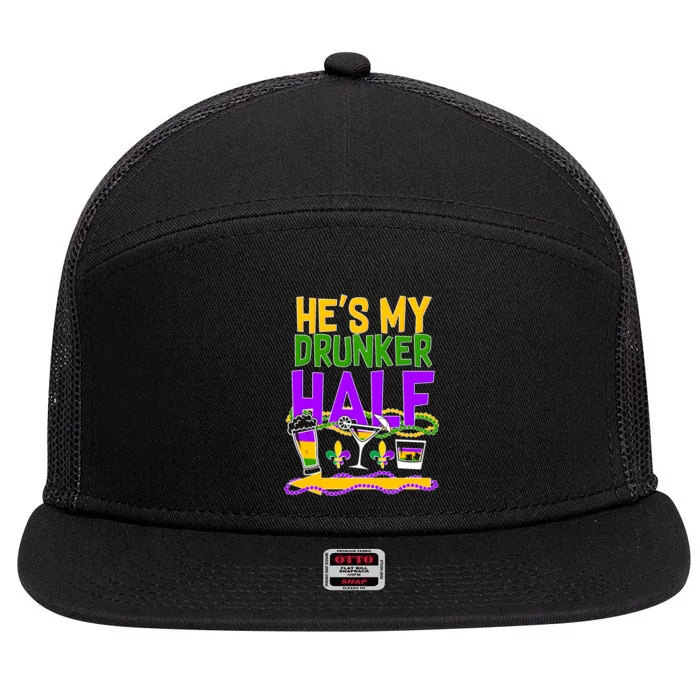 Mardi Gras He's My Drunker Half 7 Panel Mesh Trucker Snapback Hat