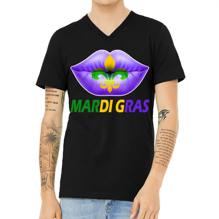 Mardi Gras Party Lips Fleur De Lis V-Neck T-Shirt