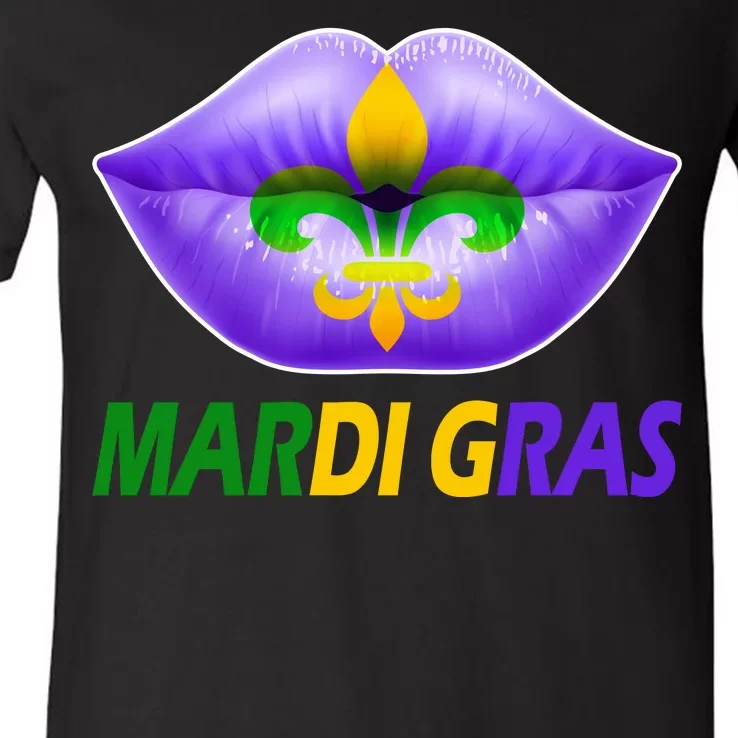 Mardi Gras Party Lips Fleur De Lis V-Neck T-Shirt