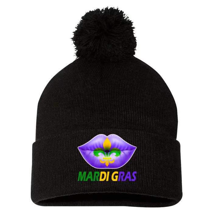 Mardi Gras Party Lips Fleur De Lis Pom Pom 12in Knit Beanie