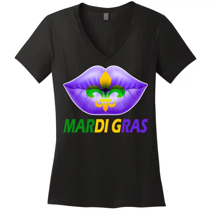 Mardi Gras Party Lips Fleur De Lis Women's V-Neck T-Shirt