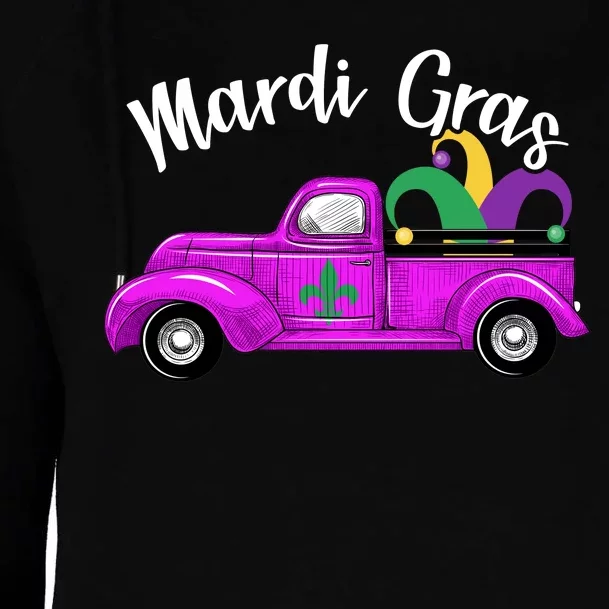 Mardi Gras Party Truck Womens Funnel Neck Pullover Hood