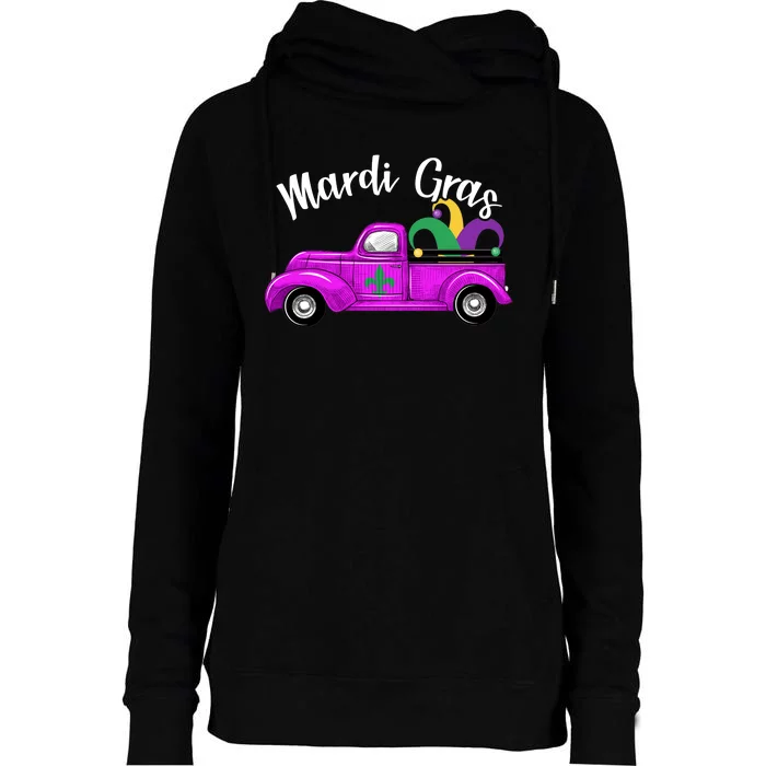 Mardi Gras Party Truck Womens Funnel Neck Pullover Hood