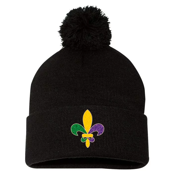 Mardi Gras Sparkle Fleur De Lis Pom Pom 12in Knit Beanie