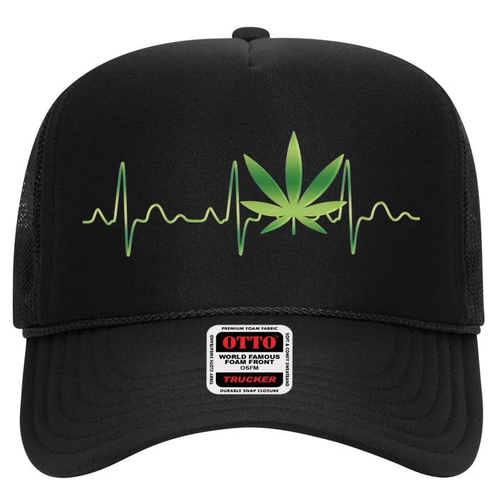 Marijuana Weed Leaf Heartbeat Pulse High Crown Mesh Trucker Hat