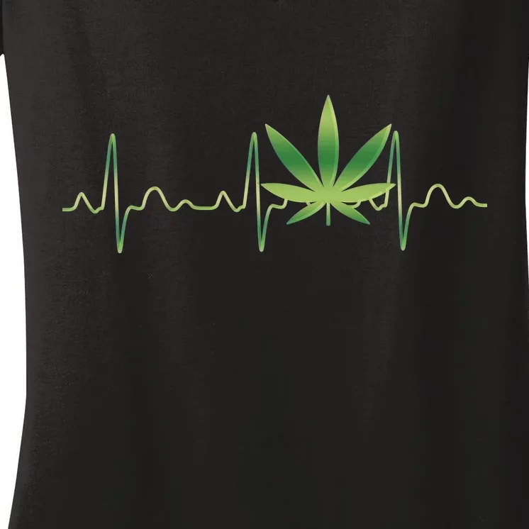 Marijuana Weed Leaf Heartbeat Pulse Women's V-Neck T-Shirt