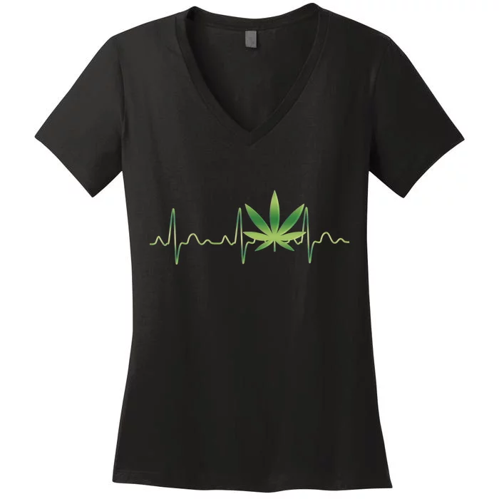 Marijuana Weed Leaf Heartbeat Pulse Women's V-Neck T-Shirt