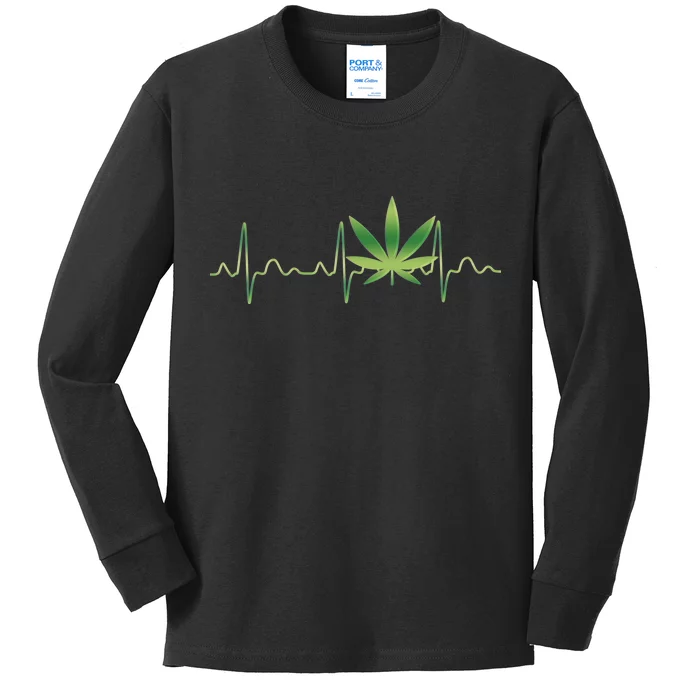 Marijuana Weed Leaf Heartbeat Pulse Kids Long Sleeve Shirt