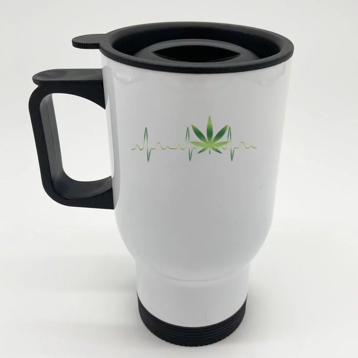 Marijuana Weed Leaf Heartbeat Pulse Front & Back Stainless Steel Travel Mug