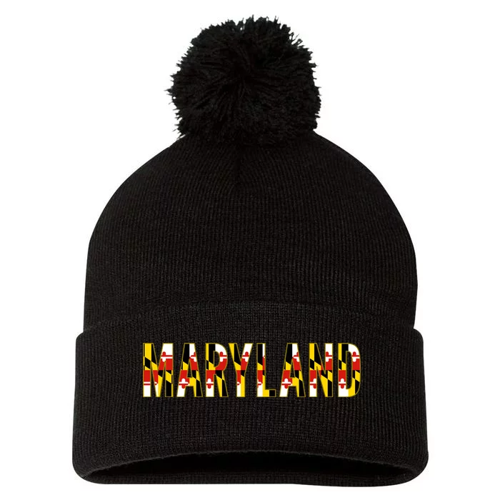 Maryland Word Flag Pom Pom 12in Knit Beanie