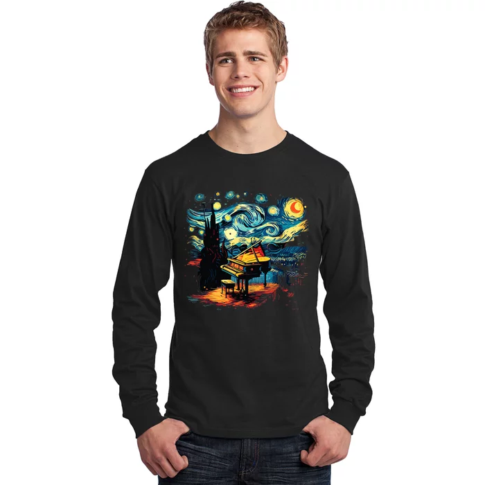 Music Art Style Starry Night Piano Musician Long Sleeve Shirt