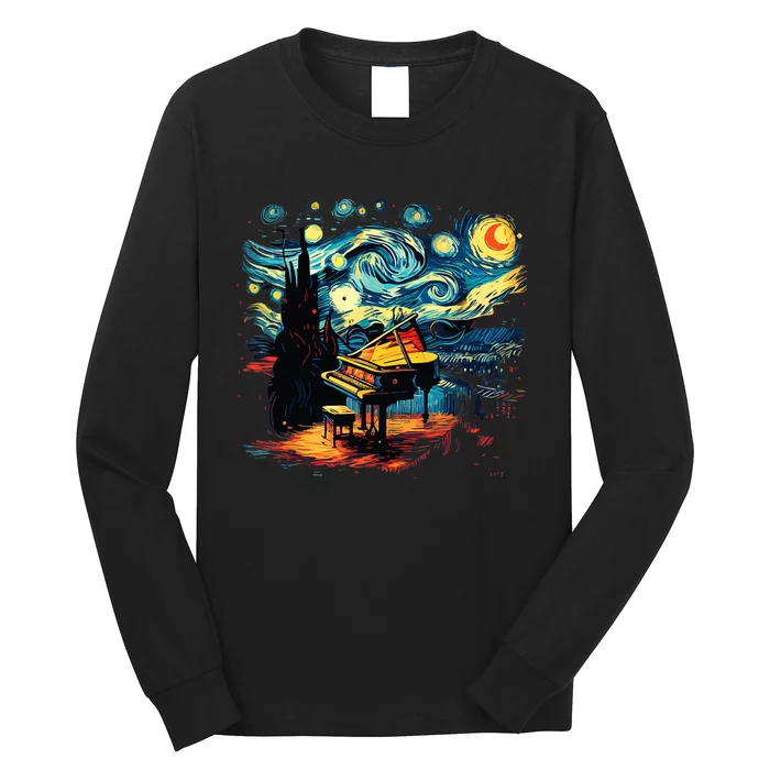 Music Art Style Starry Night Piano Musician Long Sleeve Shirt