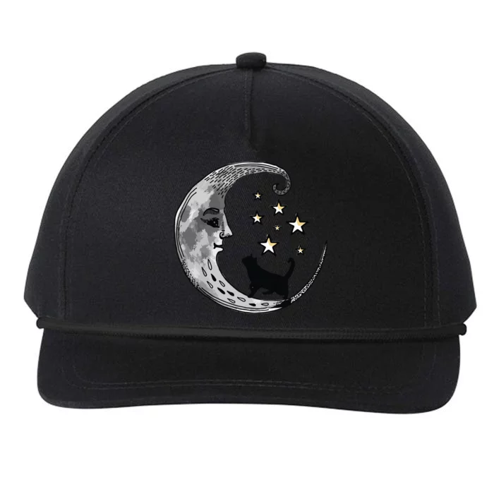 Moon And Stars With Black Cat Snapback Five-Panel Rope Hat