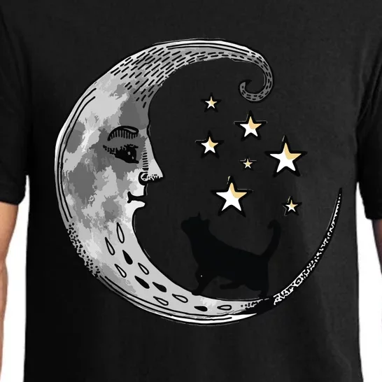 Moon And Stars With Black Cat Pajama Set