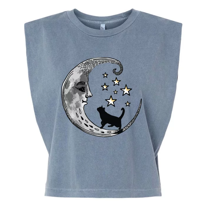 Moon And Stars With Black Cat Garment-Dyed Women's Muscle Tee