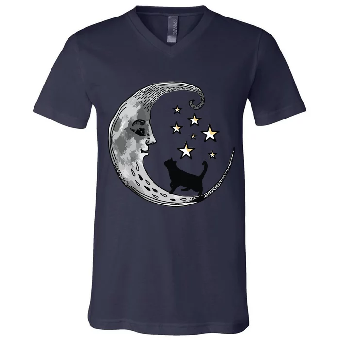 Moon And Stars With Black Cat V-Neck T-Shirt