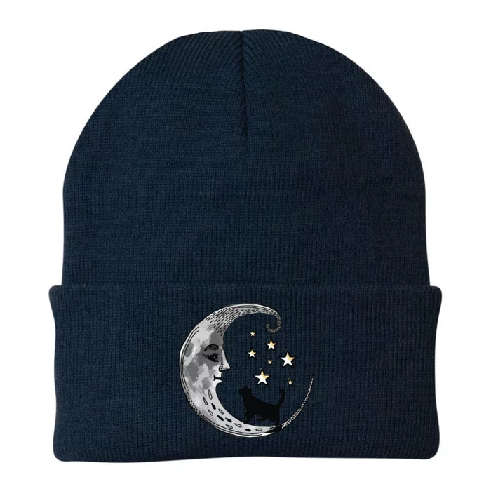 Moon And Stars With Black Cat Knit Cap Winter Beanie