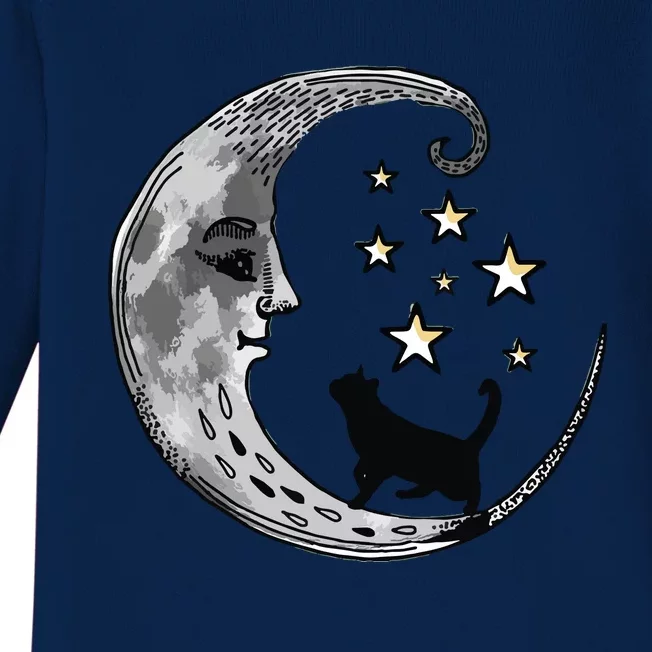 Moon And Stars With Black Cat Baby Long Sleeve Bodysuit