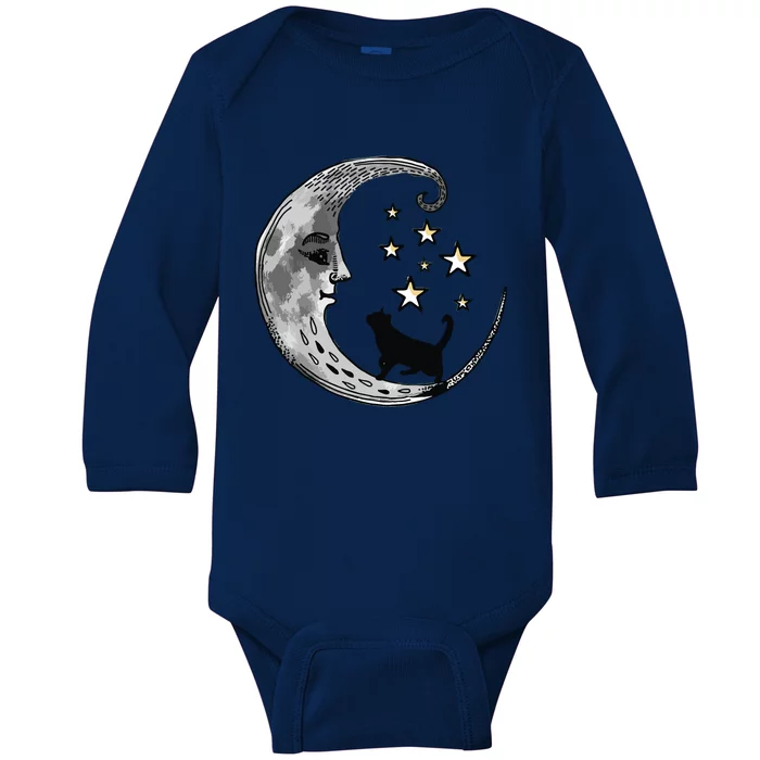 Moon And Stars With Black Cat Baby Long Sleeve Bodysuit