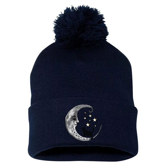 Moon And Stars With Black Cat Pom Pom 12in Knit Beanie