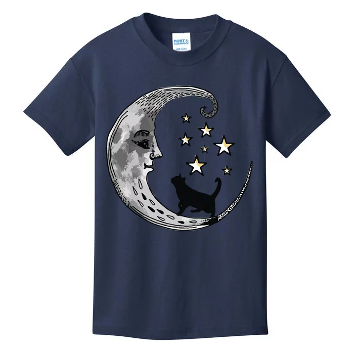 Moon And Stars With Black Cat Kids T-Shirt