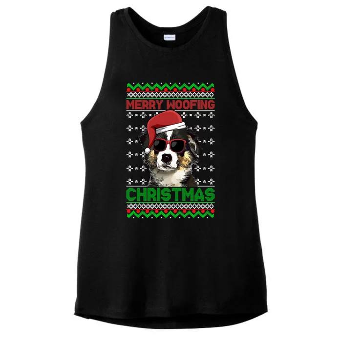 Miniature American Shepherd Dog Merry Woofing Christmas Gift Ladies Tri-Blend Wicking Tank