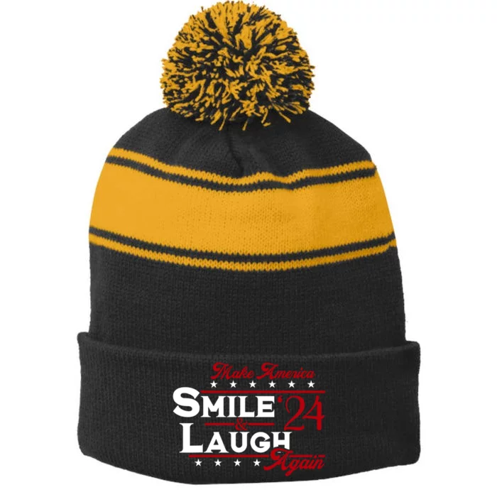 Make America Smile And Laugh Again 2024 Stripe Pom Pom Beanie