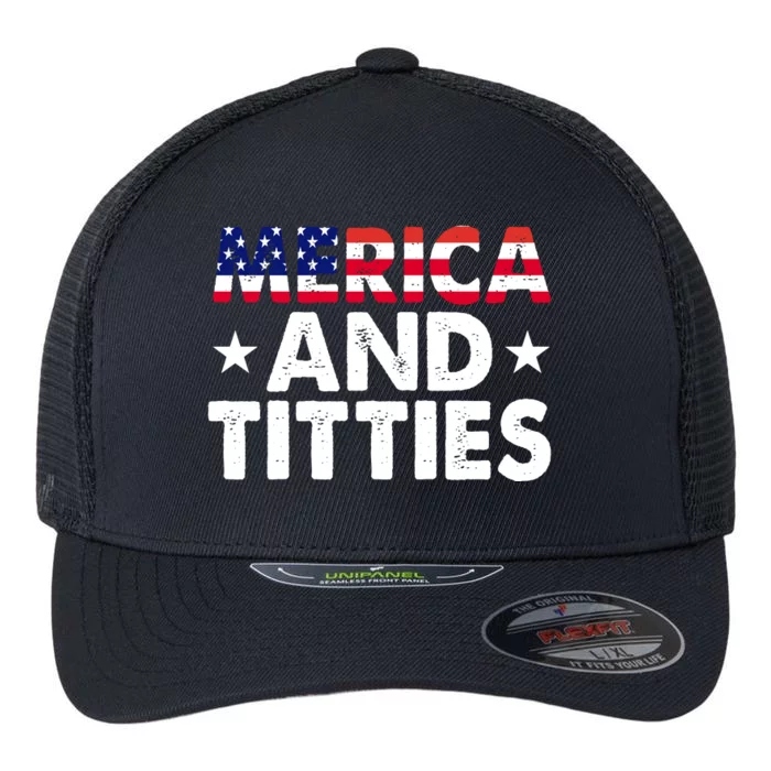 Merica And Titties Funny Patriotic Usa Flexfit Unipanel Trucker Cap