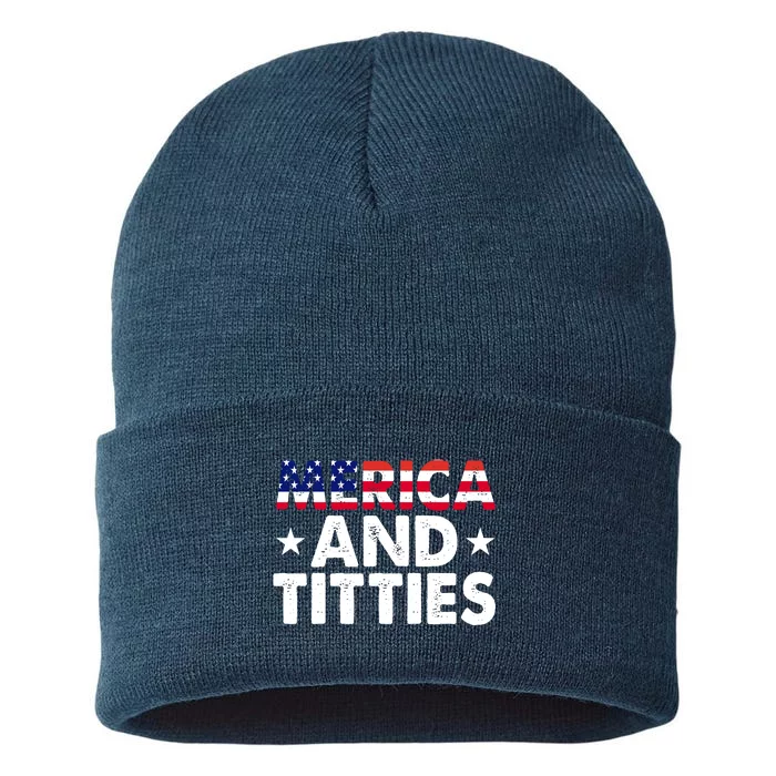 Merica And Titties Funny Patriotic Usa Sustainable Knit Beanie