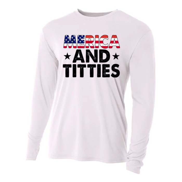 Merica And Titties Funny Patriotic Usa Cooling Performance Long Sleeve Crew