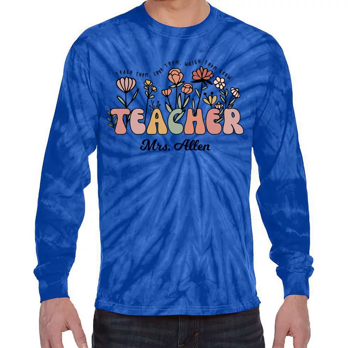 Mrs Allen Teacher Wildflower Back To School Gift Tie-Dye Long Sleeve Shirt