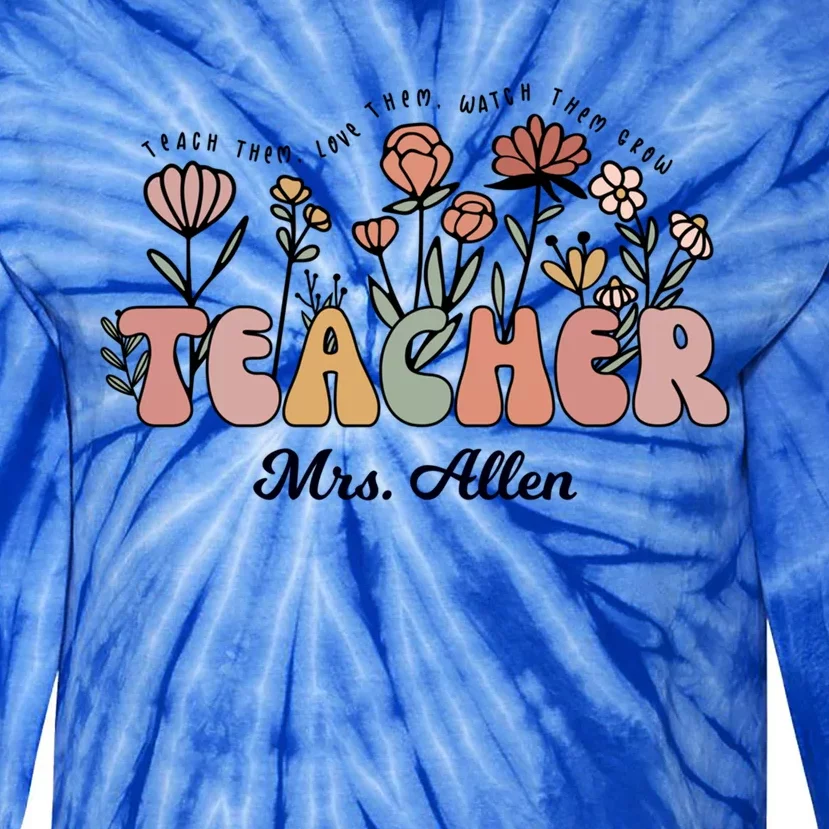 Mrs Allen Teacher Wildflower Back To School Gift Tie-Dye Long Sleeve Shirt