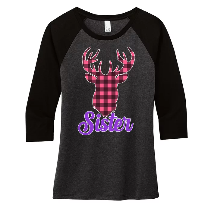 Matching Holiday Family Plaid Reindeer Sister Women's Tri-Blend 3/4-Sleeve Raglan Shirt