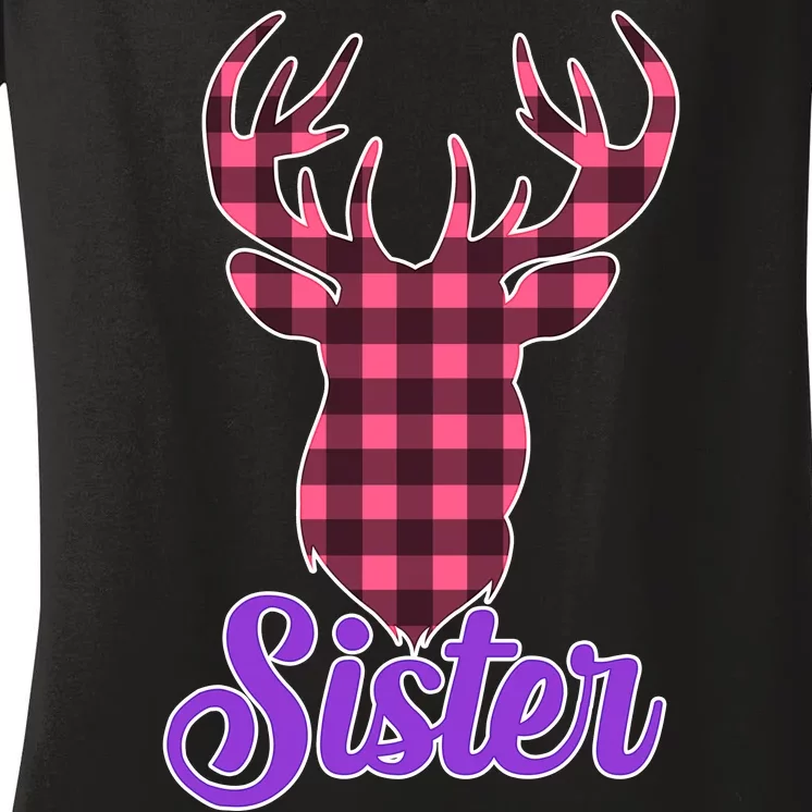 Matching Holiday Family Plaid Reindeer Sister Women's V-Neck T-Shirt