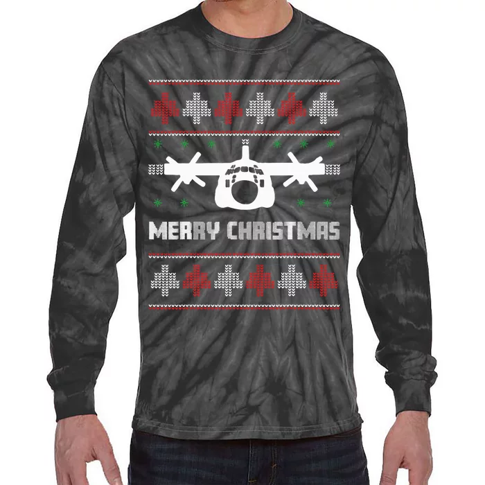 Military Airplane Ugly Christmas Sweater Army Veteran Xmas Tie-Dye Long Sleeve Shirt