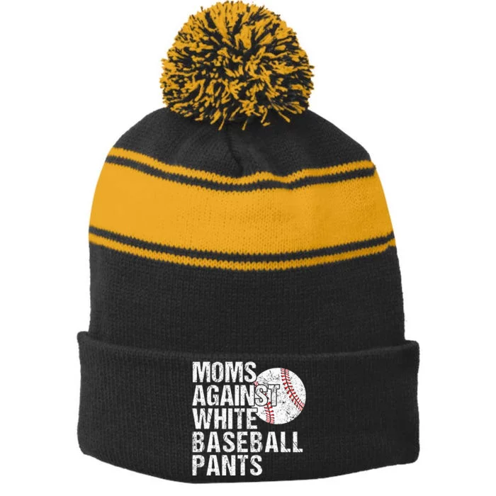 Moms Against White Baseball Pants Funny Baseball Mom Stripe Pom Pom Beanie