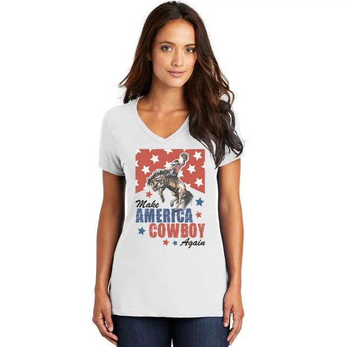 Make America Western Cowboy Again Retro 4th Of July Usa Flag Women's V-Neck T-Shirt