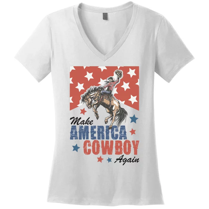 Make America Western Cowboy Again Retro 4th Of July Usa Flag Women's V-Neck T-Shirt