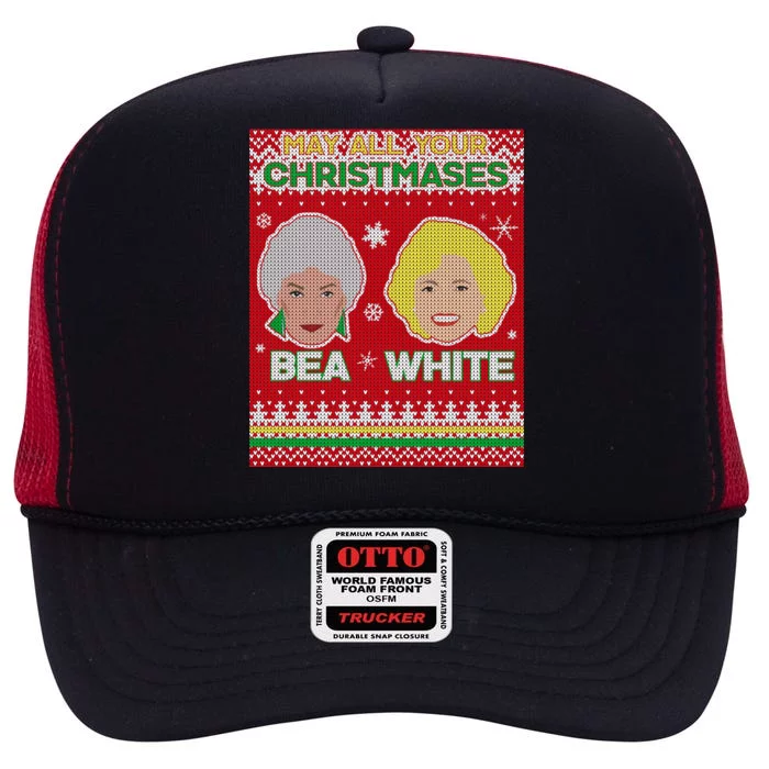 May All Your Christmases Bea White Ugly Christmas High Crown Mesh Trucker Hat