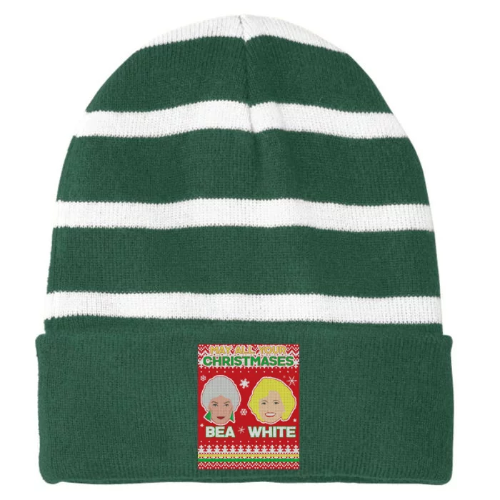 May All Your Christmases Bea White Ugly Christmas Striped Beanie with Solid Band