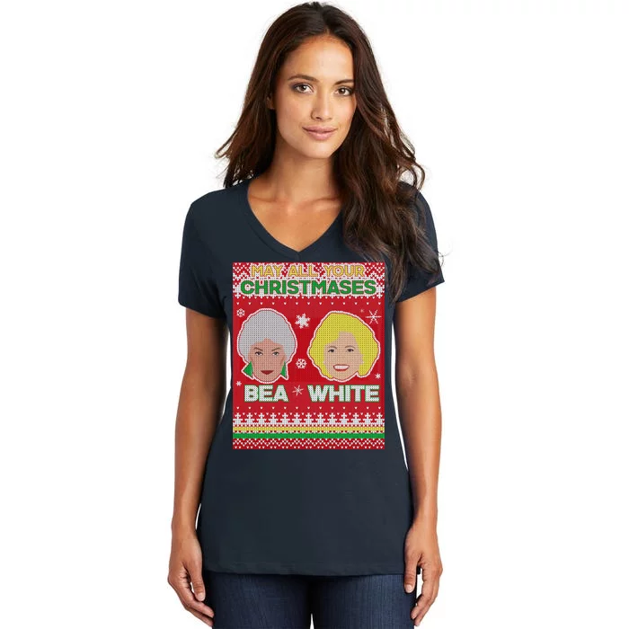 May All Your Christmases Bea White Ugly Christmas Women's V-Neck T-Shirt