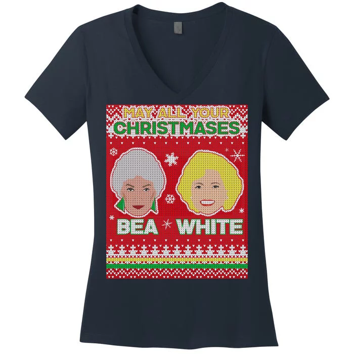 May All Your Christmases Bea White Ugly Christmas Women's V-Neck T-Shirt