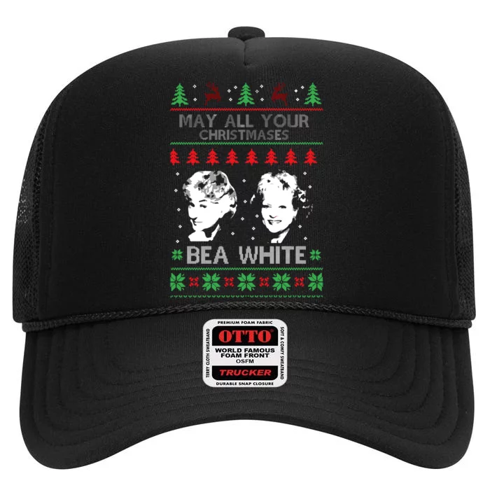 May All Your Christmases Bea White Funny Holiday Festive High Crown Mesh Trucker Hat