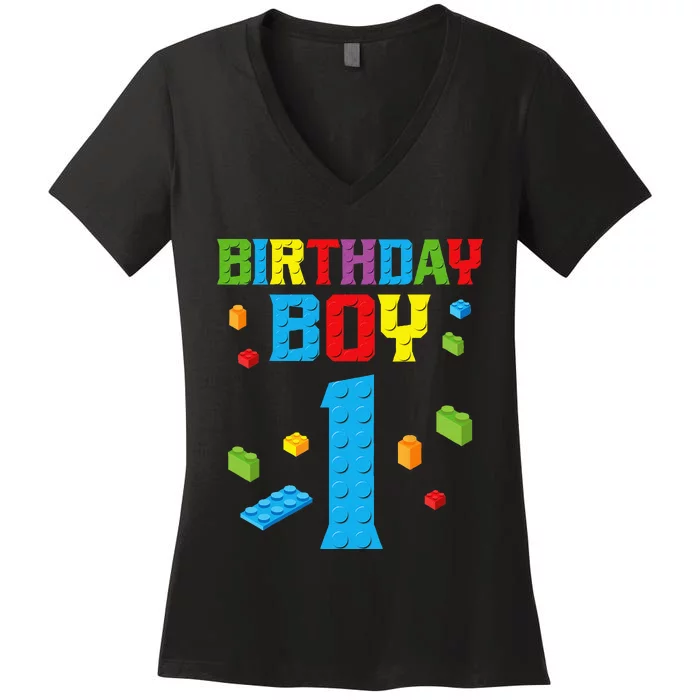 Master Builder 1st Birthday Boy 1 One Year Building Bricks Women's V-Neck T-Shirt